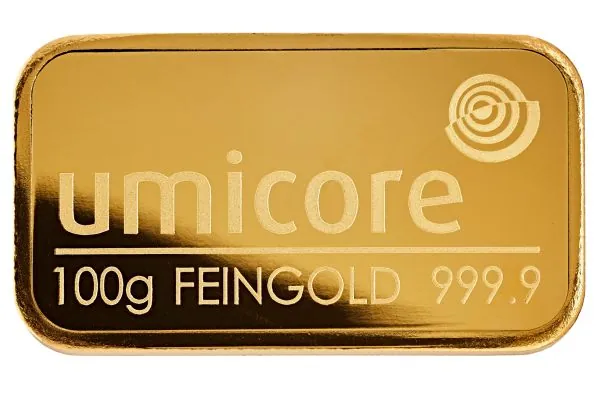100g Goldbarren Umicore geprägt - Umlaufware